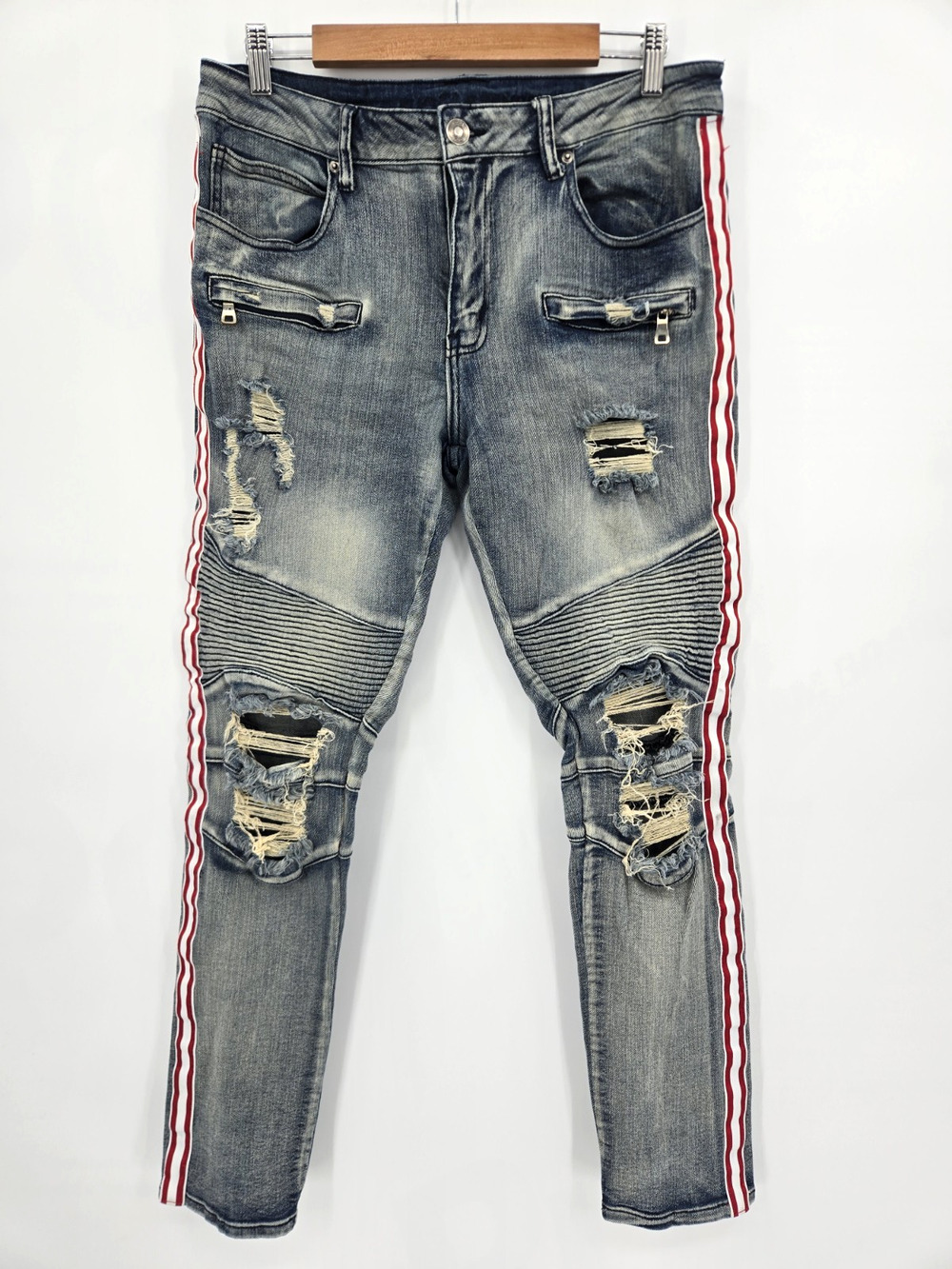 Rue 21 Premium Jeans Skinny Supreme Flex Red Stripe Moto Streetwear Size 32/32